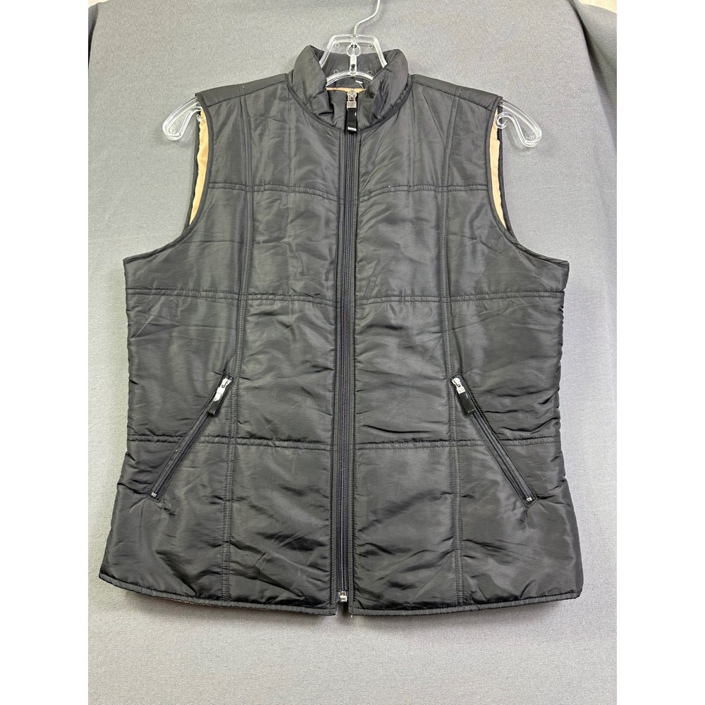 Liz Claiborne Women Petit P Black Quilt Puffer Vest Full Zip Mock Neck Tan Lined